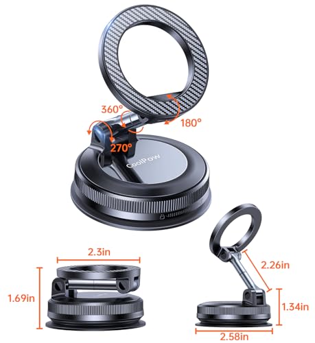Coolpow Support Telephone Voiture Magsafe [Ventouse sous Vide Puissante Magnétique] Porte Telephone Voiture Aimanté Pare-Brise/Tableau de Bord,360°Portable Accessoire Voiture Interieur pour iPhone 17