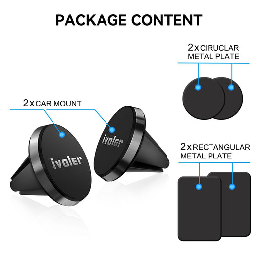 ivoler Support Téléphone Voiture Magnétique [Lot de 2]– Fixation Grille d'Aération, Aimant Puissant, avec 4 Plaques Métalliques, Installation Facile, Universel pour Smartphone – Noir